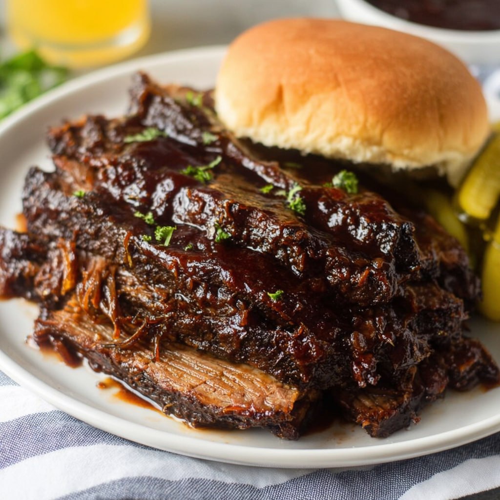 Sliced slow cooker brisket on cutting board with au jus braising liquid