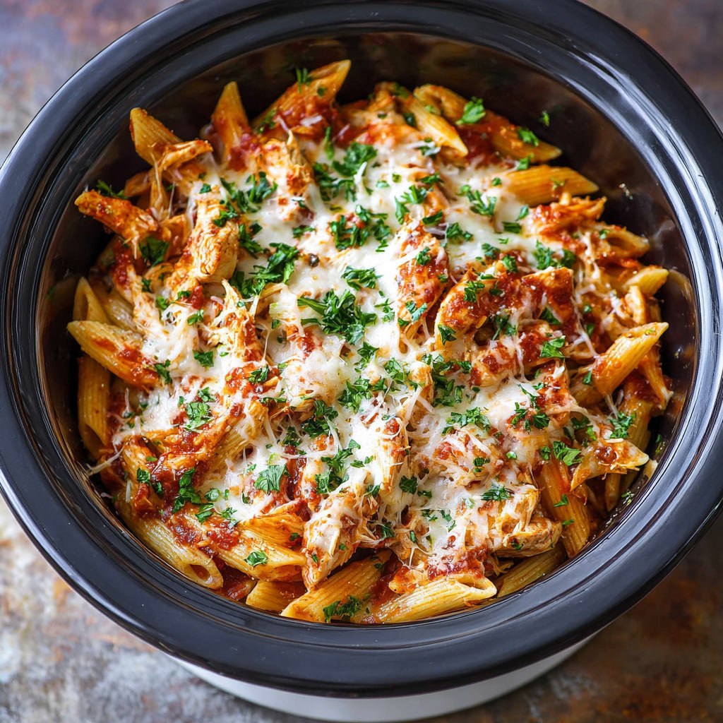 Plated slow cooker chicken parmesan pasta with fresh basil garnish and extra Parmesan cheese