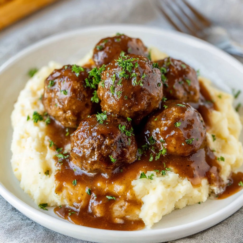 Slow cooker Salisbury steak meatballs in rich mushroom gravy served over mashed potatoes