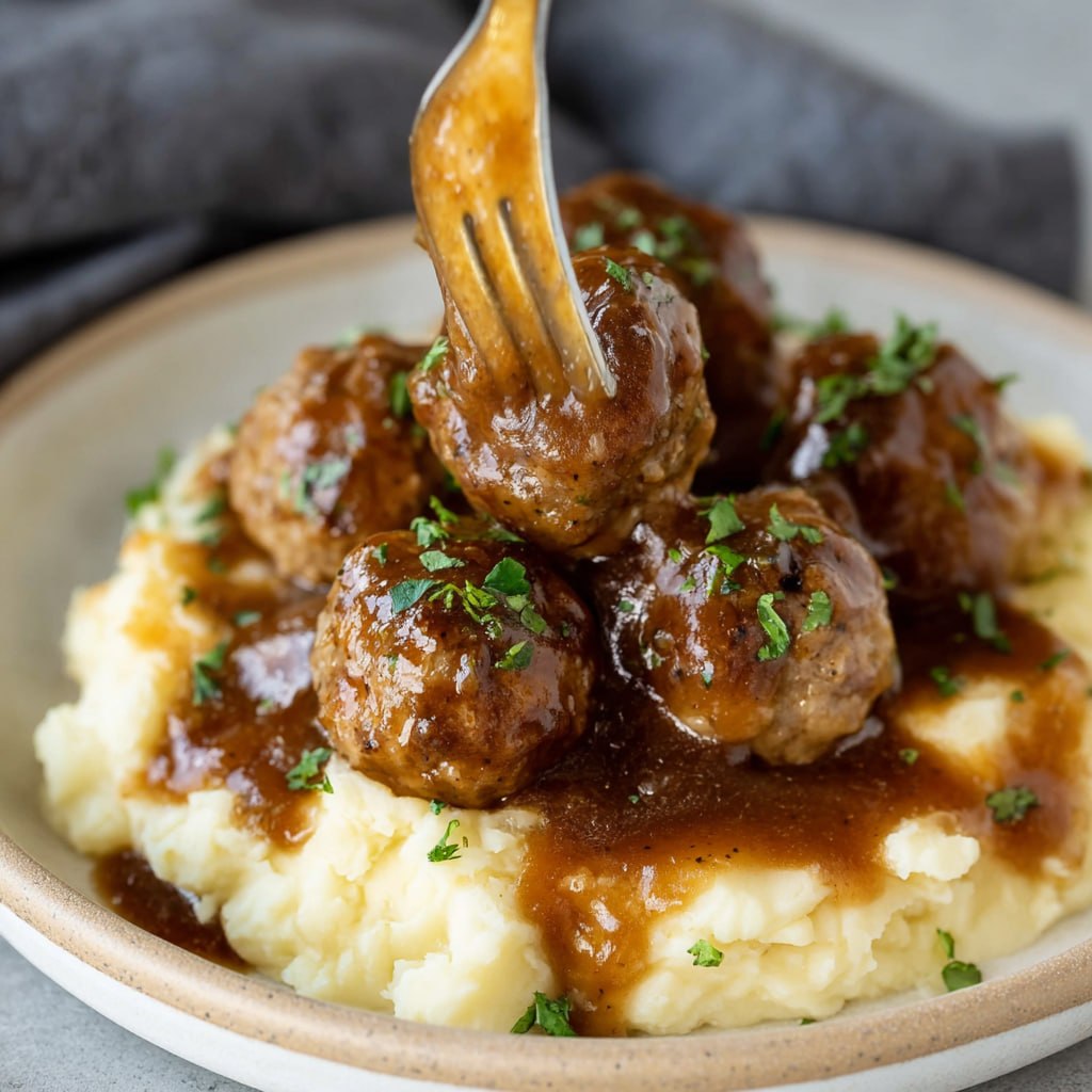 Salisbury steak meatballs with mushroom gravy over creamy mashed potatoes close-up
