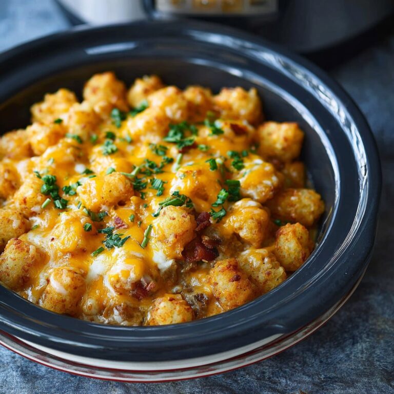 Slow cooker tater tot casserole with melted cheddar cheese and ground beef in a ceramic slow cooker