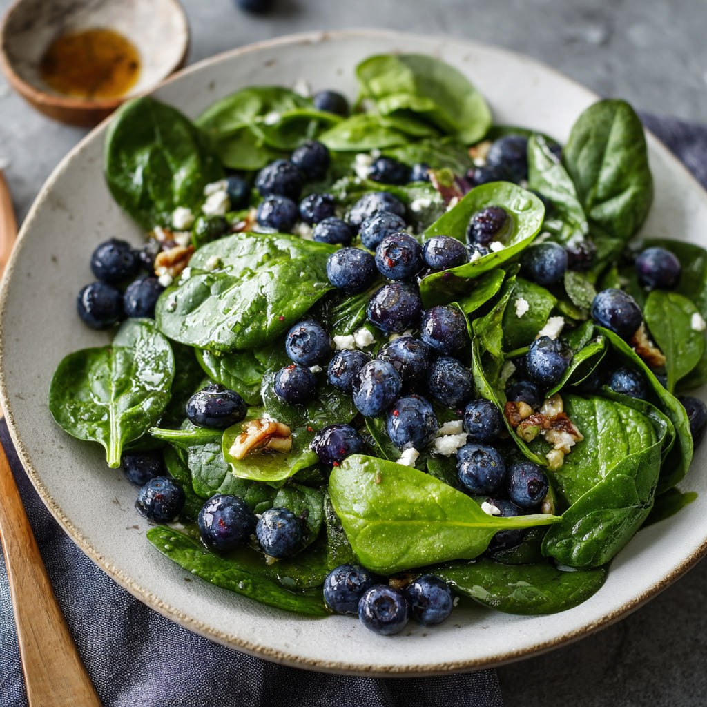 20-minute spinach salad with blueberries, feta, and almonds on a wooden board