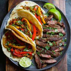 Easy steak fajitas sizzling in a cast iron pan with colorful bell peppers and onions
