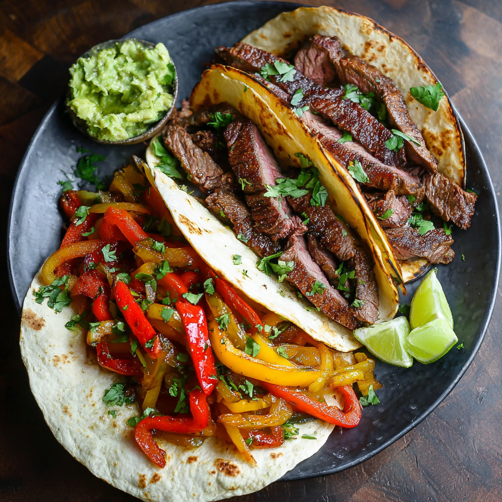 Steak fajita served in a warm flour tortilla with sour cream guacamole and fresh salsa