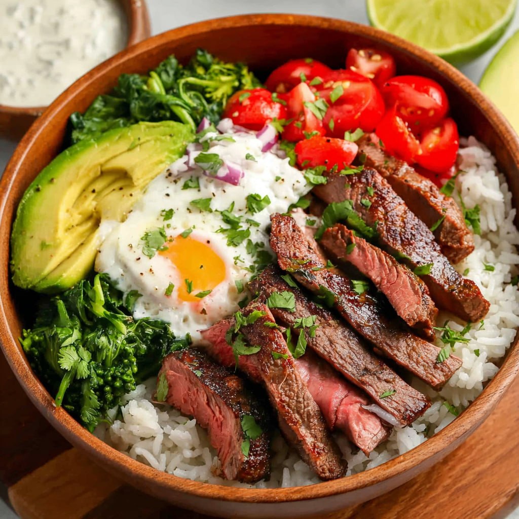 Steak rice bowl with sliced sirloin vegetables and sesame ginger sauce in a bowl