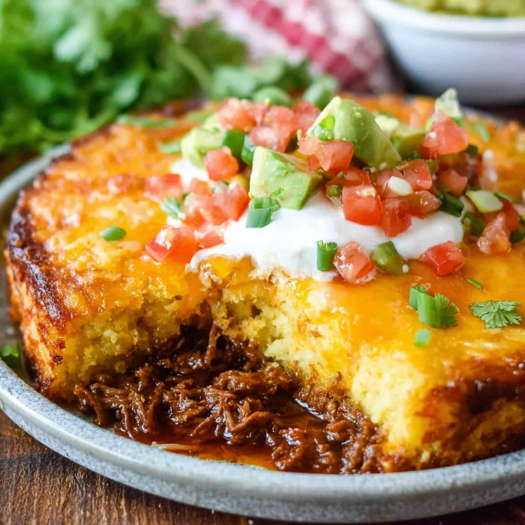 Tamale casserole slice showing layers of spiced beef cornbread topping melted cheese