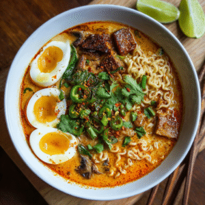 Thai coconut curry ramen bowl with rich golden broth soft-boiled egg bok choy and rice noodles