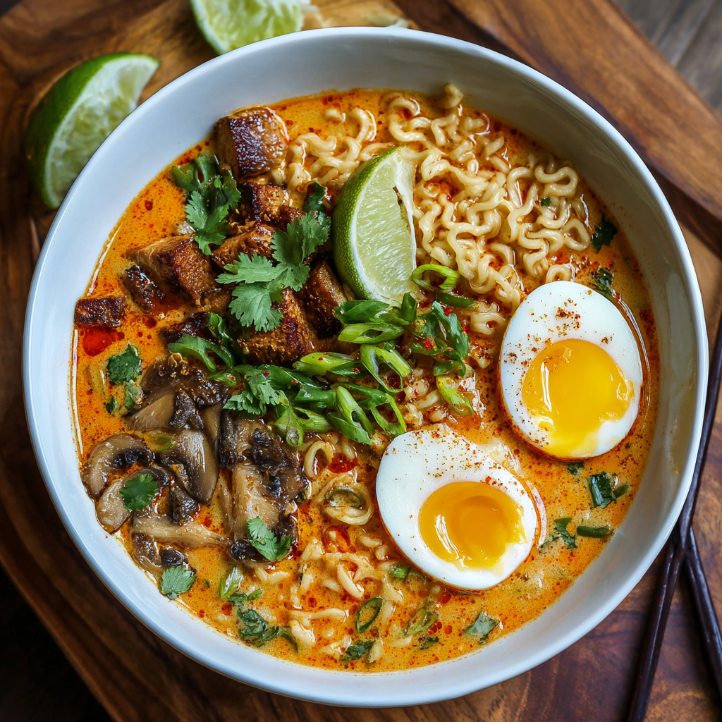 Creamy Thai coconut curry ramen topped with chili oil fresh lime cilantro and crispy shallots