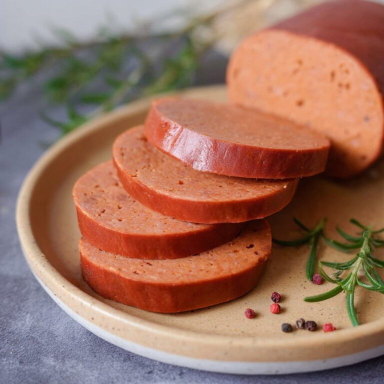 Homemade vegan bologna sliced on a wooden board with fresh herbs and spices