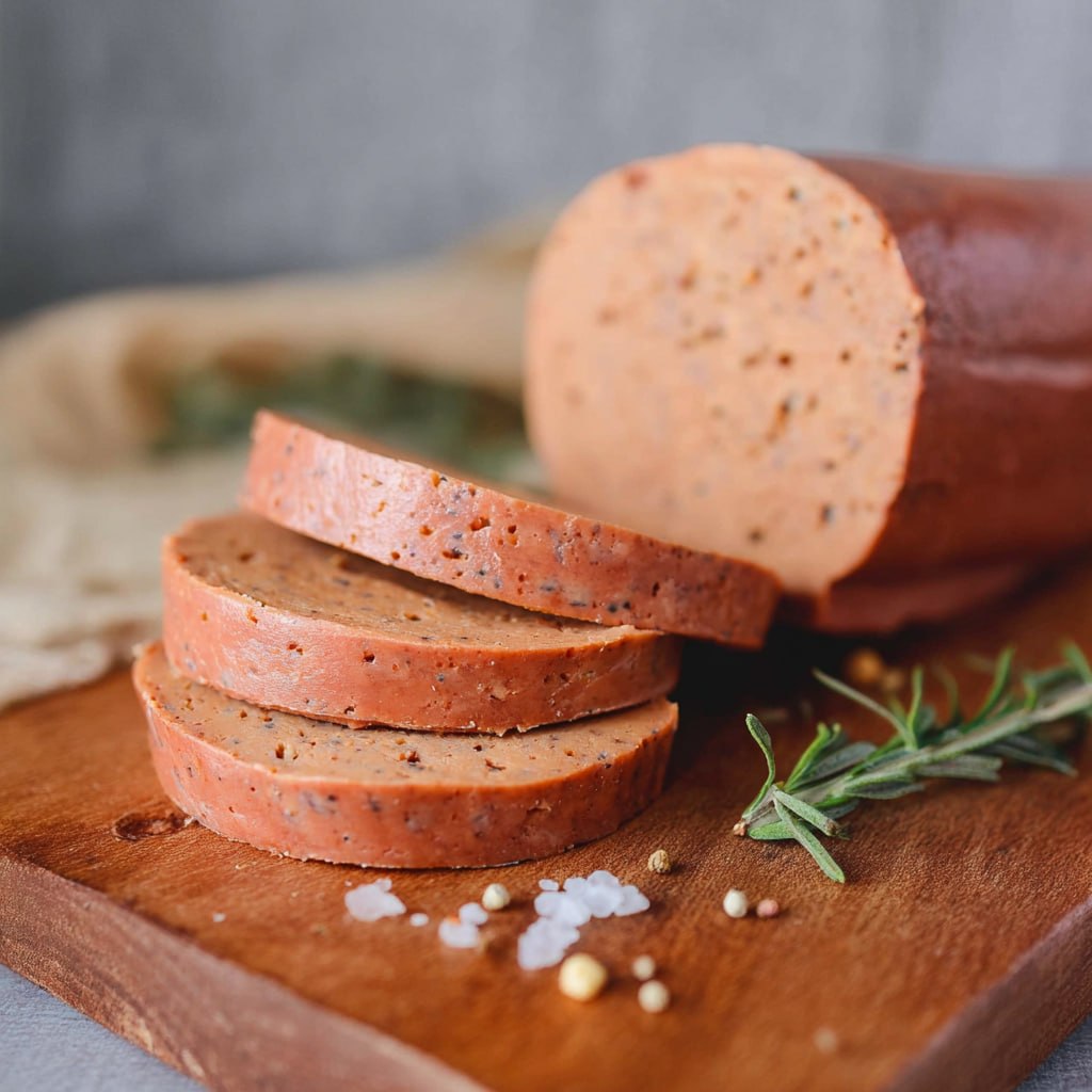 Gluten-free vegan bologna roll showing smooth texture and pink color