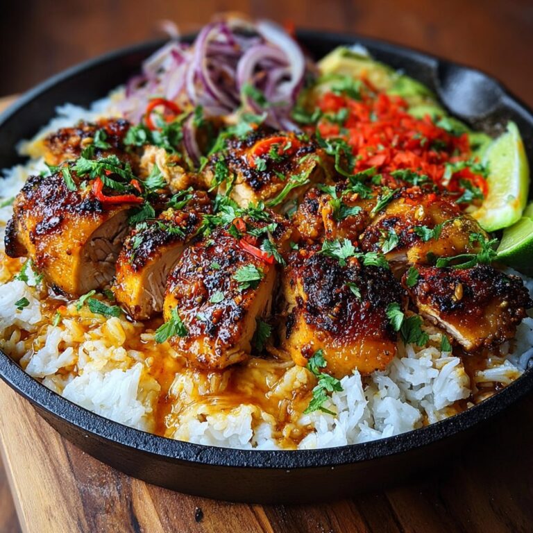 Spicy maple glazed chicken thighs over creamy coconut rice with cilantro, lime, and chili flakes