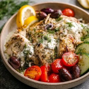 Slow cooker Greek chicken with lemon slices, oregano, kalamata olives, and pan juices in a serving bowl