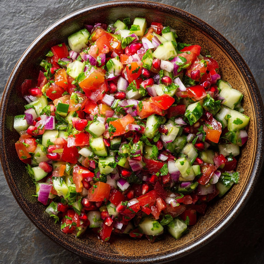 Close-up of fresh Shirazi salad showing finely diced vegetables, lime juice glaze, and dried mint flakes