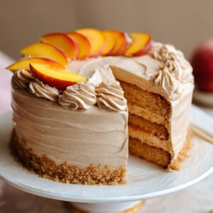 Peach cake with caramel brown sugar frosting drizzle, fresh peach slices, and a slice removed showing tender crumb