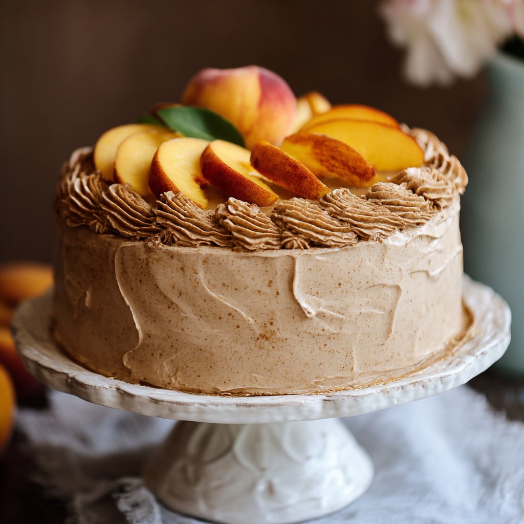 Close-up of peach cake slice with bourbon brown sugar frosting, juicy peach pieces, and powdered sugar dusting