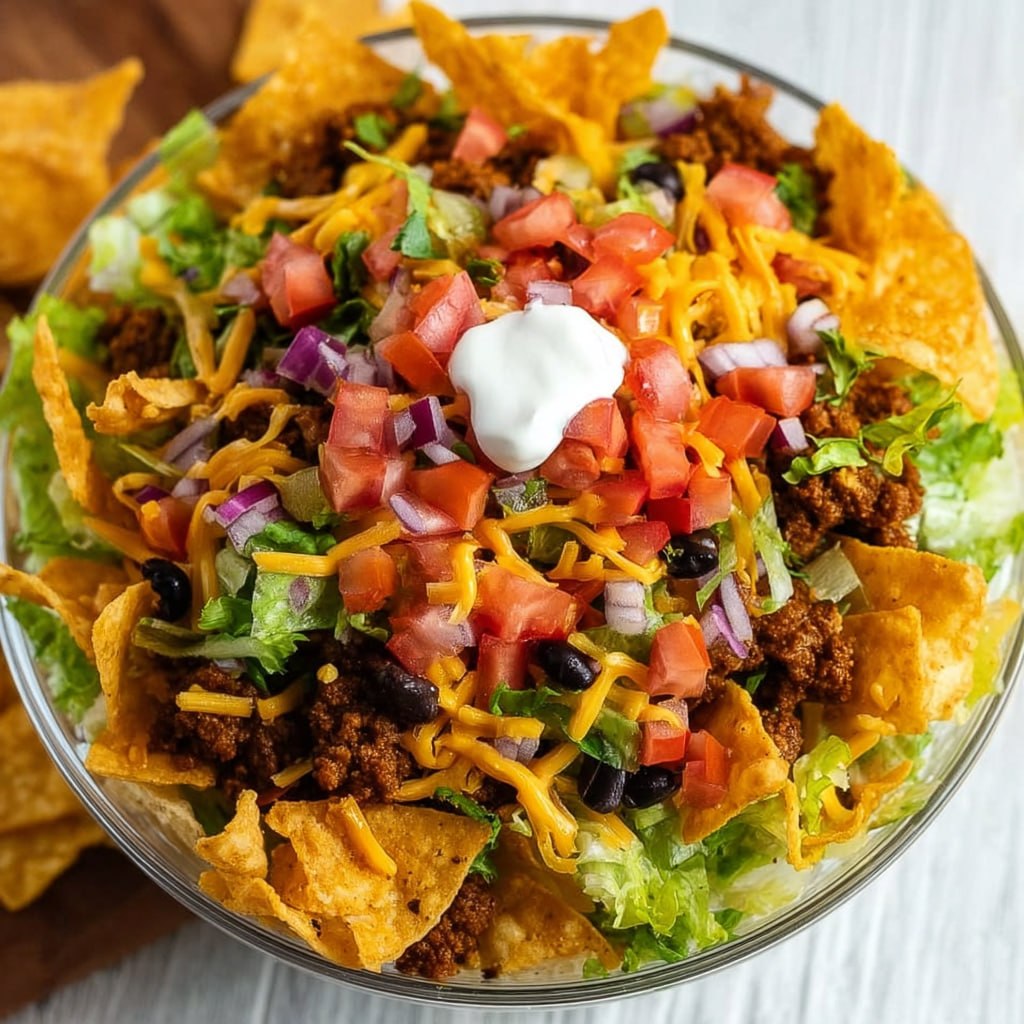 Close-up of Doritos taco salad showing layers of beef, cheese, beans, salsa, and Nacho Cheese Doritos