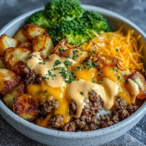 Smash burger bowl with crispy beef patties, melted American cheese, shredded lettuce, pickles, and burger sauce drizzle