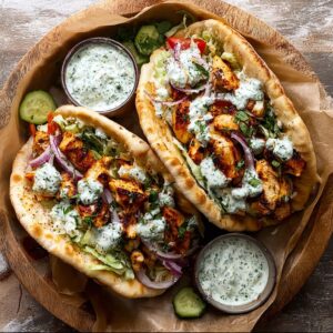 Sheet pan chicken pitas with golden roasted chicken, charred peppers, red onions, fresh herbs, and herby ranch drizzle