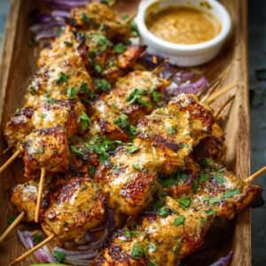 Cowboy butter chicken skewers on a platter with golden char marks, fresh herbs, lemon wedges, and butter sauce drizzle