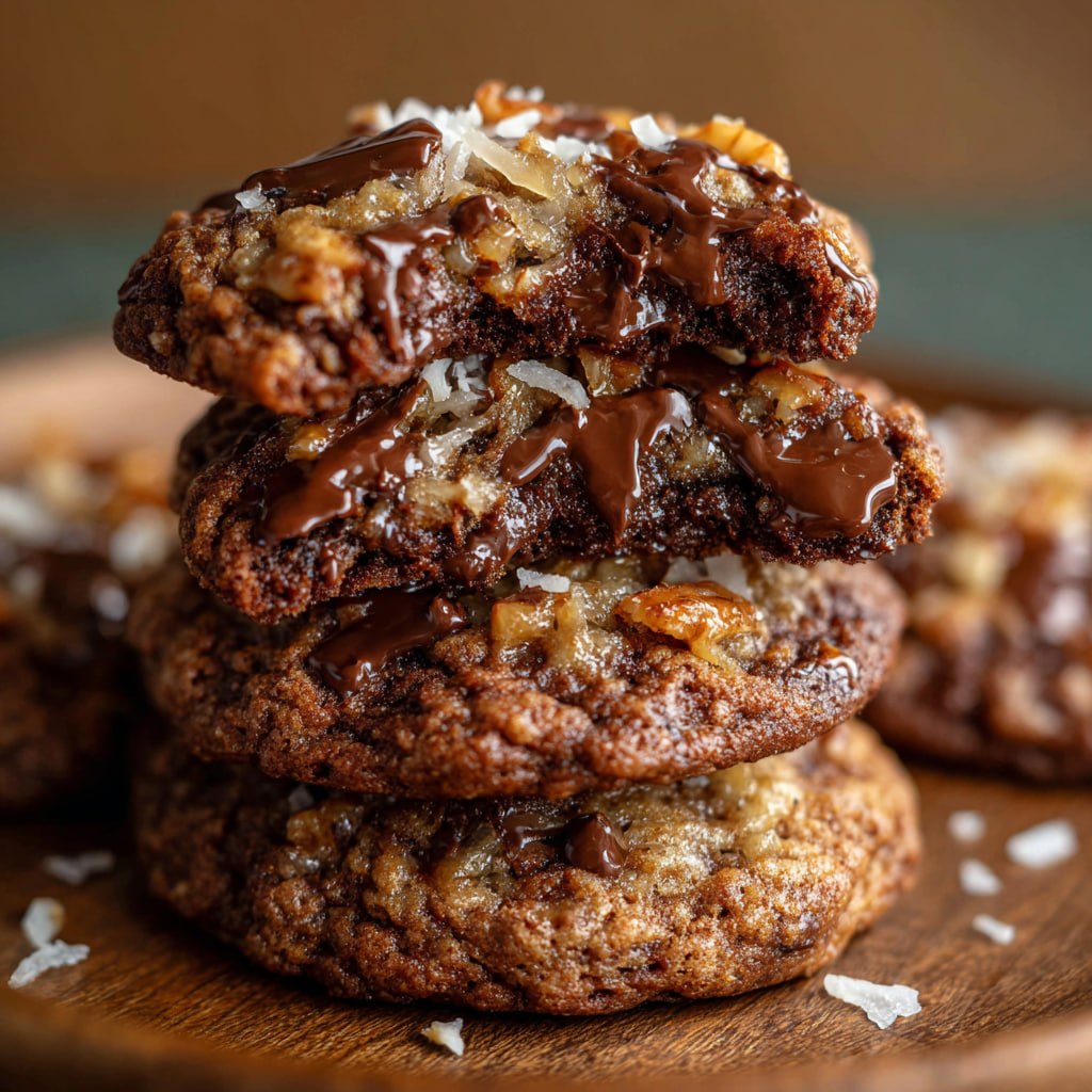 Close-up of a German chocolate cookie showing fudgy chocolate base topped with chunky coconut and pecan frosting