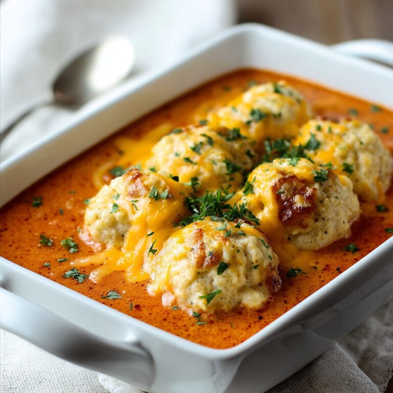 Bowl of tomato soup with golden cheddar bay dumplings floating on top, melted butter, fresh herbs, and cracked pepper