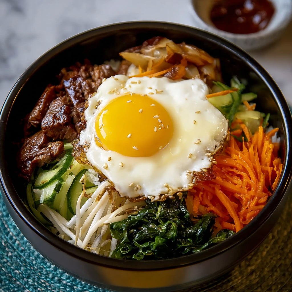 Close-up of bibimbap showing crispy rice bottom, runny egg yolk, and rainbow of vegetables with sesame seeds