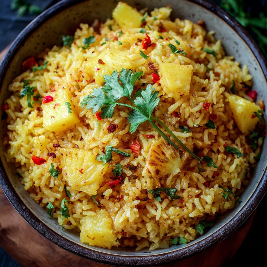 Close-up of Thai-style pineapple fried rice with chunks of pineapple, peas, carrots, and toasted cashews