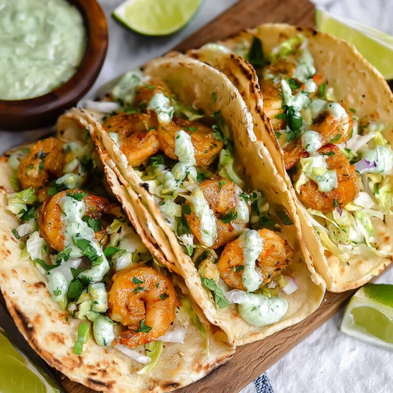 Shrimp tacos with golden seared shrimp, shredded cabbage, avocado, and spicy cilantro lime sauce drizzled on top