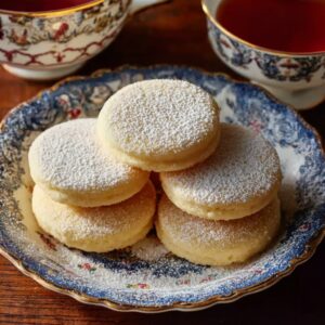 Stack of old-fashioned Southern tea cakes with golden edges, soft centers, light vanilla glaze, and powdered sugar dusting