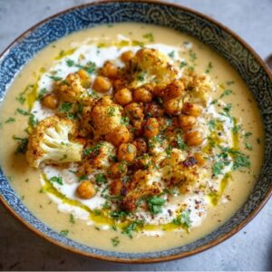 Bowl of creamy roasted cauliflower chickpea soup with crispy chickpea topping, drizzle of olive oil, and fresh parsley