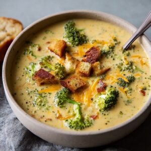 Bowl of broccoli cheddar soup with creamy orange-tinted broth, tender broccoli florets, shredded carrots, and melted sharp cheddar