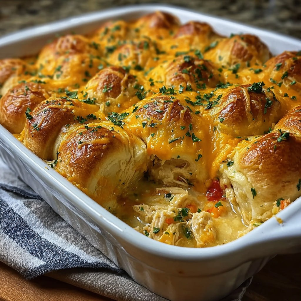 Close-up of chicken crescent bake serving showing flaky crescent crust, creamy chicken filling, and stretchy melted cheese