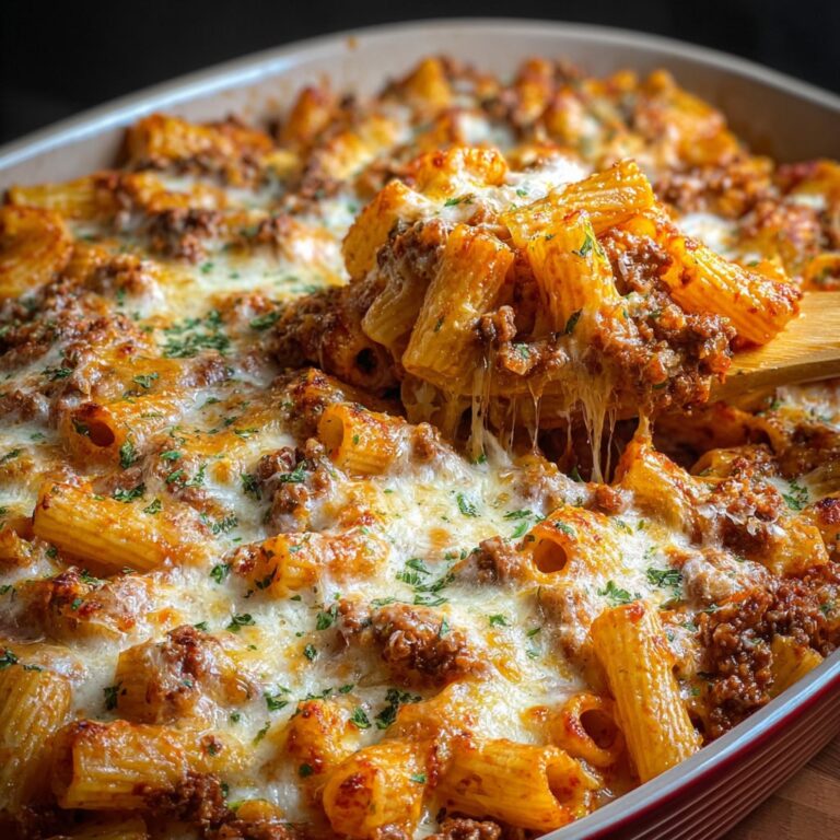 Beef rigatoni cheese bake in a casserole dish with golden bubbly cheese top, marinara sauce, ricotta dollops, and fresh basil