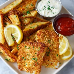 Air fryer fish and chips with golden crispy beer-battered cod, hot crispy fries, malt vinegar, lemon wedges, and tartar sauce