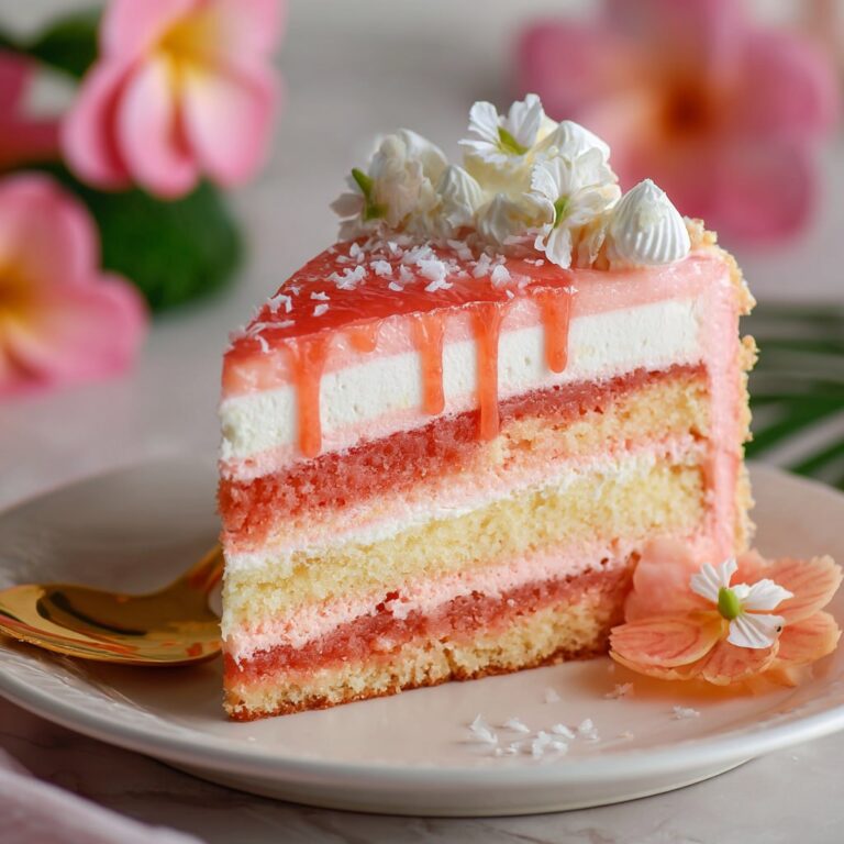 Hawaiian guava cake with vibrant pink layers, fluffy whipped cream cheese frosting, and glossy guava jelly glaze on top