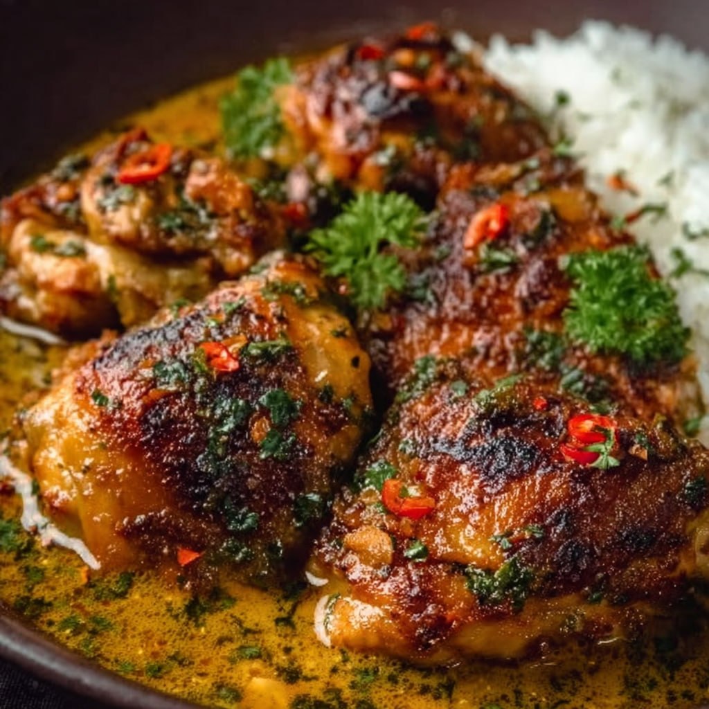 Close-up of coconut chicken curry showing tender chicken thighs, creamy coconut sauce, fresh herbs, and red chilis