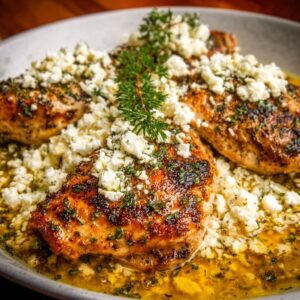 Greek chicken with lemon, feta, oregano, and olives in a sheet pan with golden crispy skin and bright Mediterranean colors