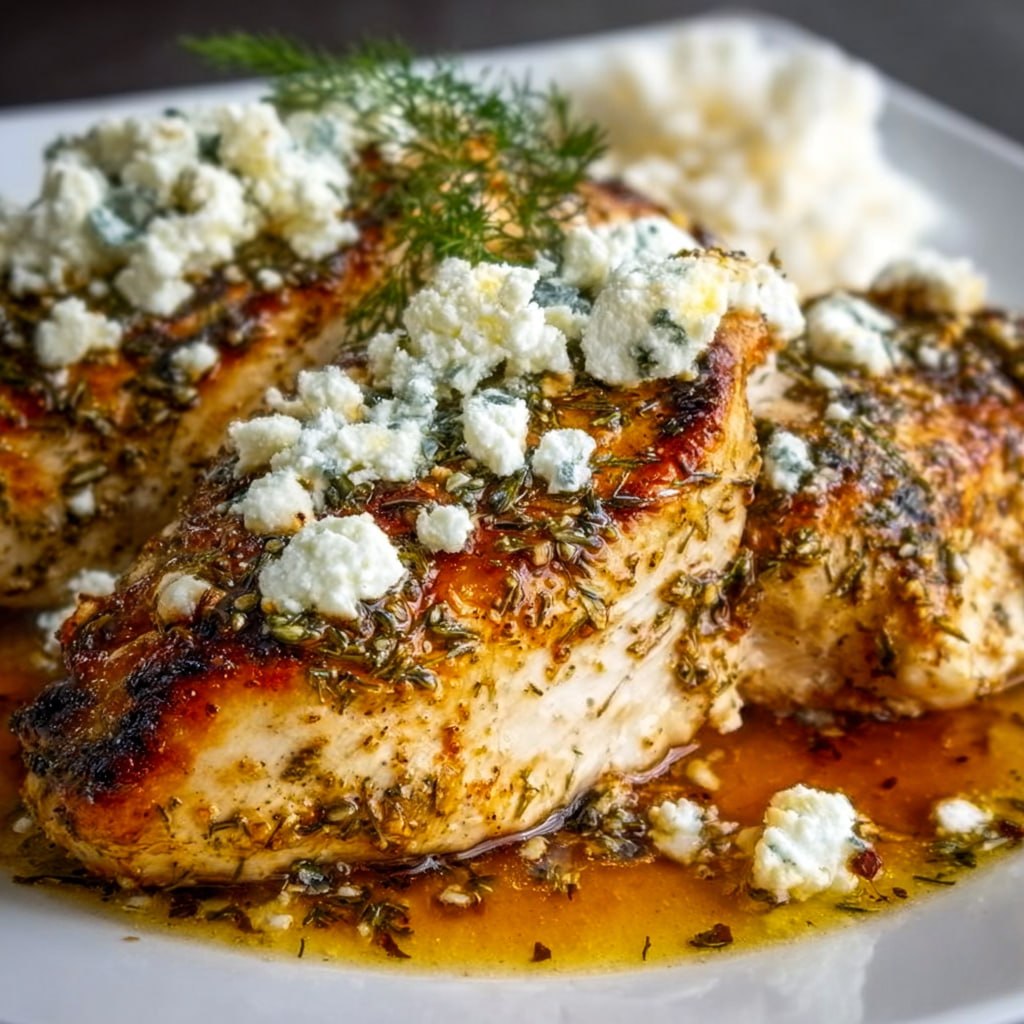 Close-up of Greek lemon chicken thigh with crumbled feta, kalamata olives, fresh oregano, and lemon slices