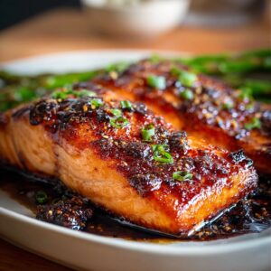 Bourbon glazed salmon fillet with glossy caramelized maple-bourbon sauce, sesame seeds, and chopped scallions on a plate