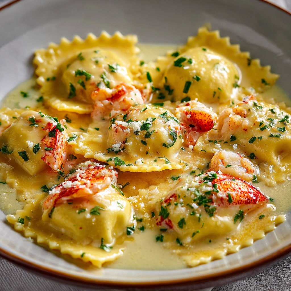 Close-up of lobster-stuffed ravioli with golden lemon butter sauce, capers, lemon slices, and microgreens garnish