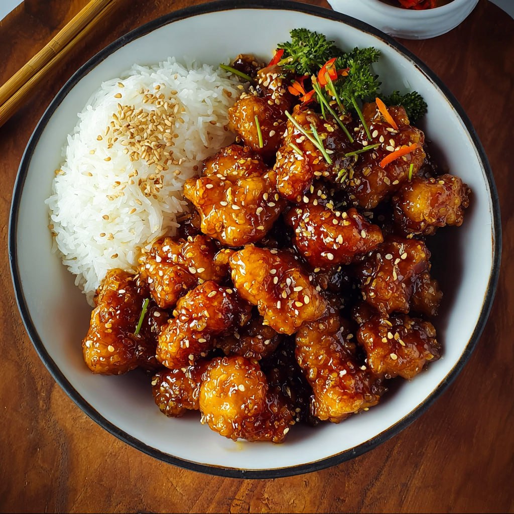 Close-up of Chinese honey chicken showing crispy crunchy coating, deep amber honey glaze, ginger garlic punch