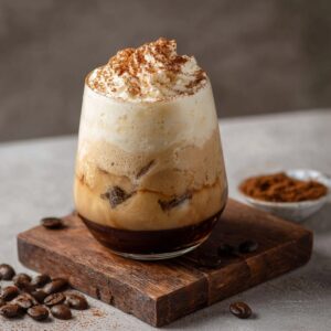 Tiramisu cold brew in a tall glass with layers of mascarpone cream, espresso cold brew, cocoa dust, and ladyfinger garnish