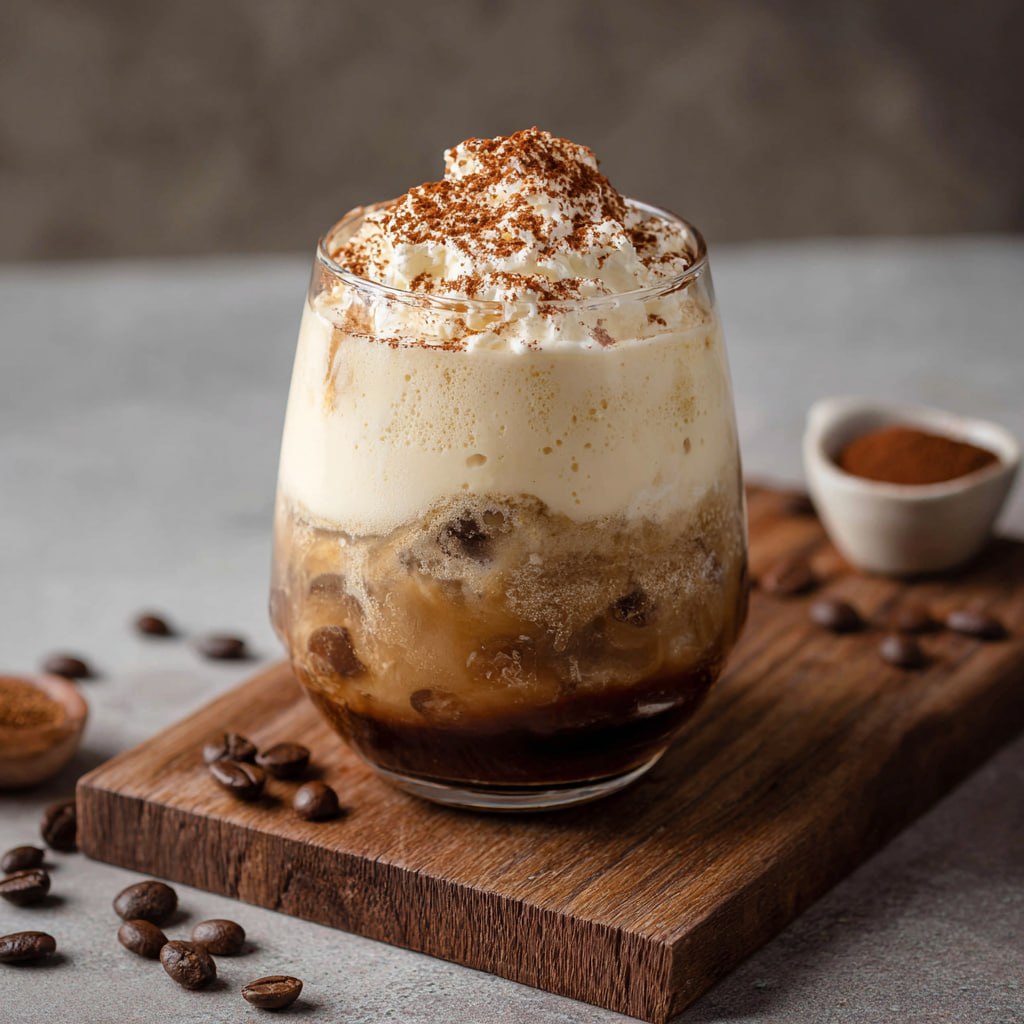 Close-up of tiramisu cold brew showing distinct fluffy white mascarpone cream layer, dark espresso, and dusting of cocoa powder
