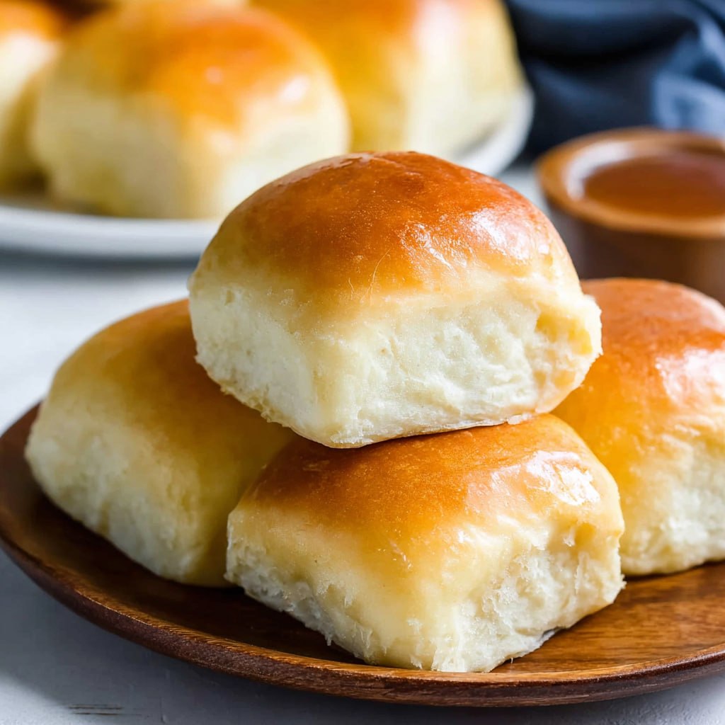 Close-up of fluffy yeast roll torn open showing pillowy soft interior, drizzled with melted butter and cinnamon honey butter