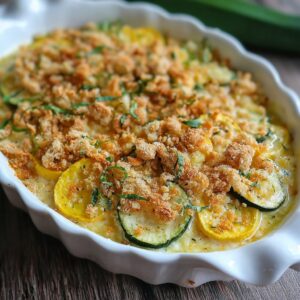 Summer squash casserole with creamy yellow squash filling, melted cheddar, golden Ritz cracker crumb topping, and fresh herbs