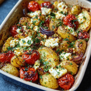 Baked feta potatoes in a white ceramic dish with crispy roasted baby potatoes, melted feta cheese, cherry tomatoes, garlic, and fresh herbs