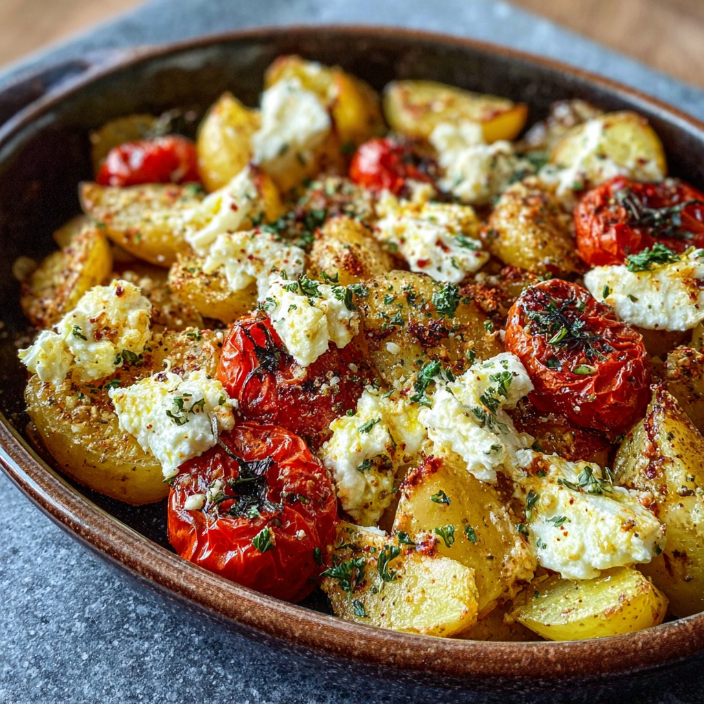 Close-up of baked feta potatoes showing creamy melted feta over golden roasted potatoes, blistered tomatoes, herbs, and olive oil drizzle
