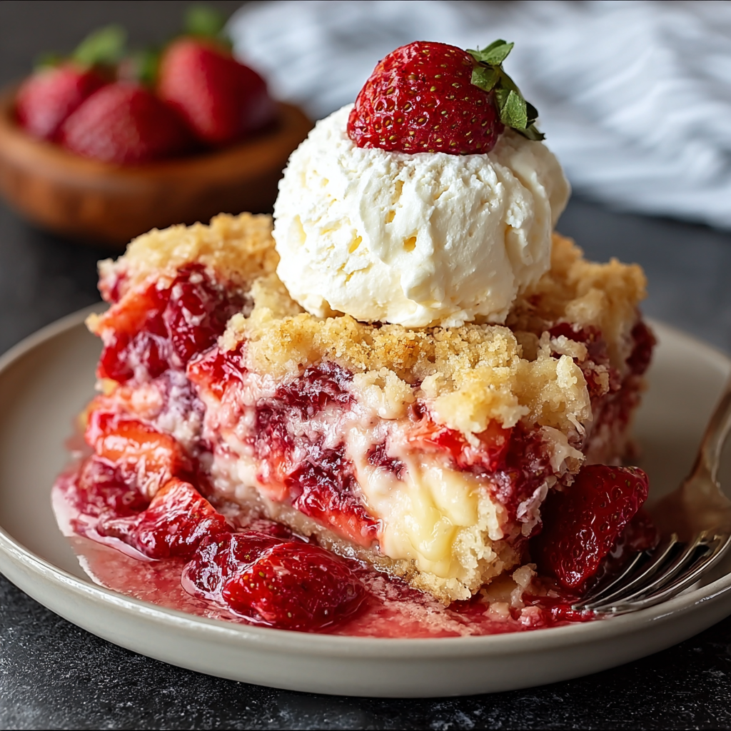 Close-up of strawberry cheesecake slice showing dense creamy filling, halved fresh strawberries glazed with red strawberry sauce, fork digging in
