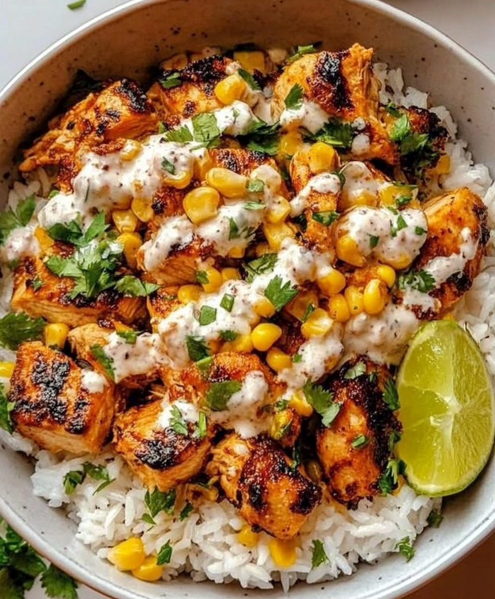 Close-up of Mexican street corn chicken bowl showing crispy chicken, golden charred corn kernels, creamy cilantro lime sauce, red onion bits