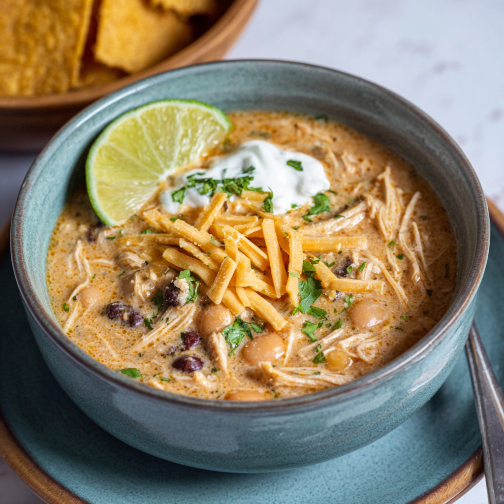 Close-up of creamy white chicken chili showing tender shredded chicken, white cannellini beans, melted cheese, jalapeno slices, sour cream swirl